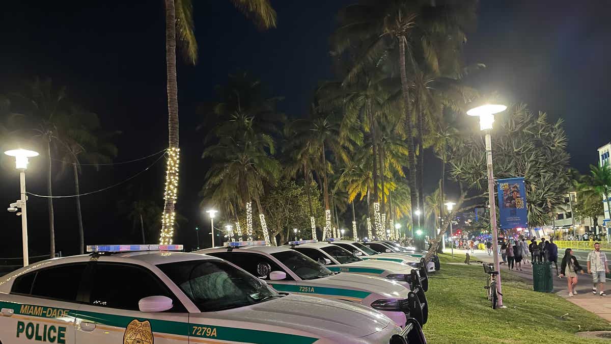 Police vehicles lined up blocking Miami Beach