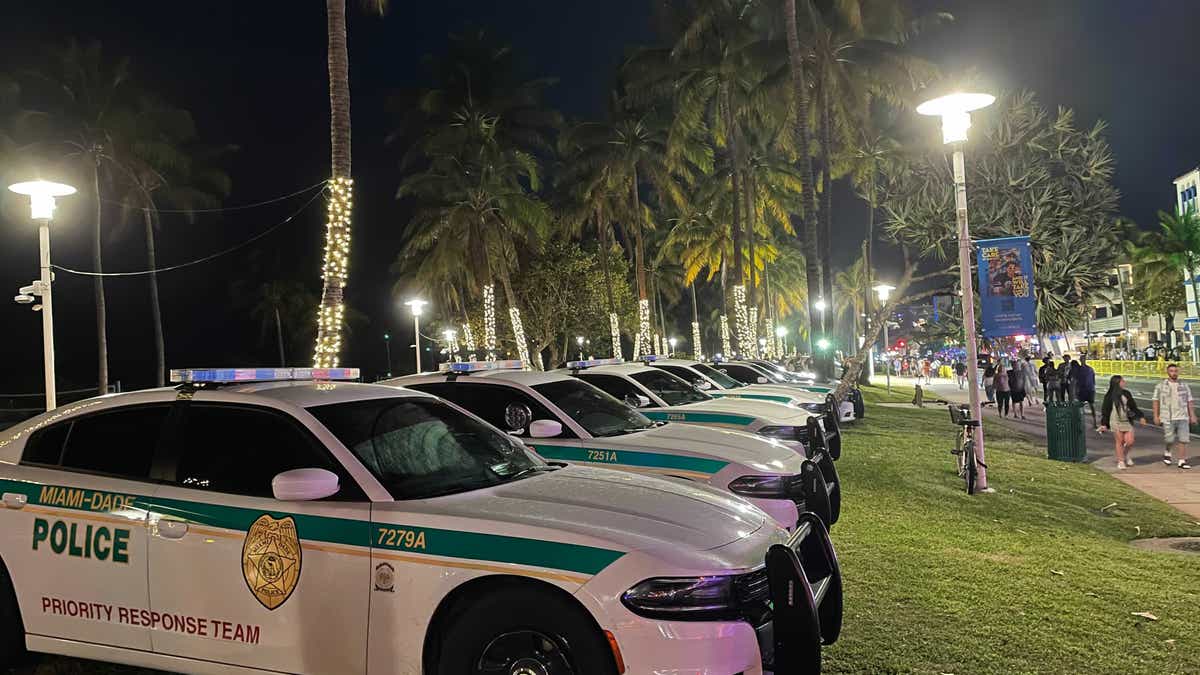 Police vehicles lined up blocking Miami Beach