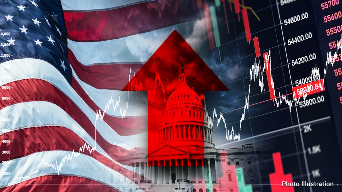 American flag on the left, a red up arrow in center, stock market graph on right