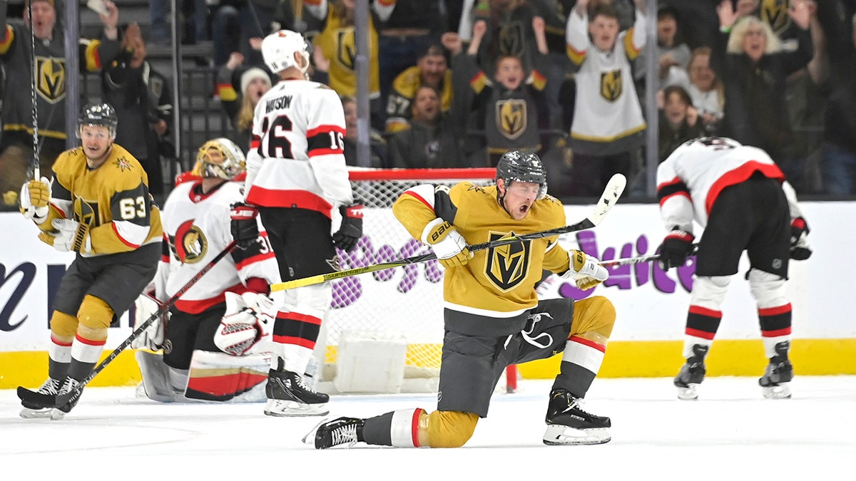 Vegas Golden Knights center Jack Eichel (9) reacts after scoring a goal against the Ottawa Senators during the third period of an NHL hockey game Sunday, March 6, 2022, in Las Vegas.