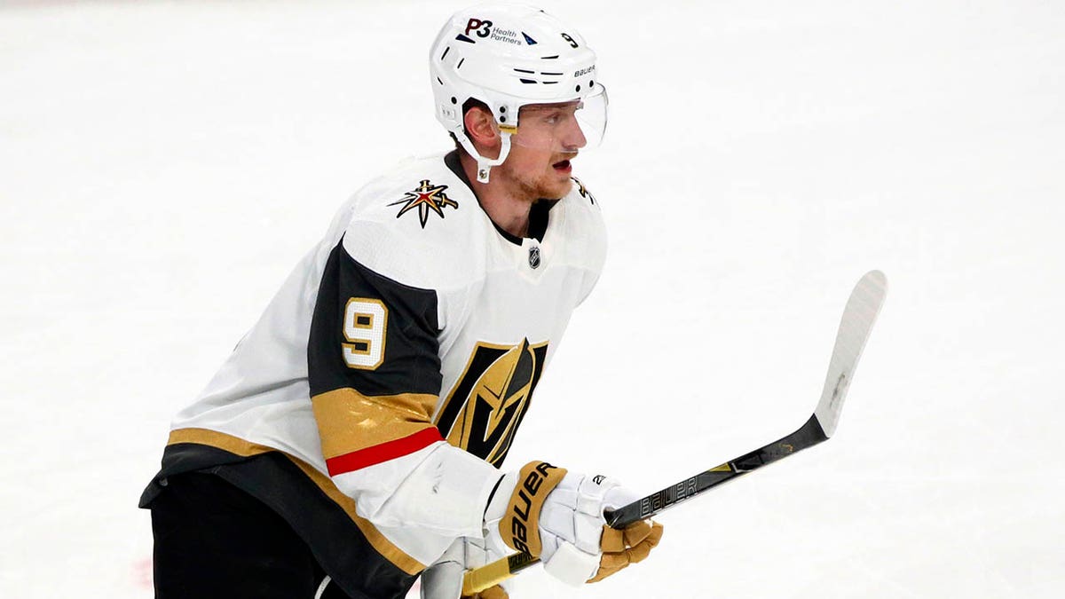 Vegas Golden Knights center Jack Eichel warms up prior an NHL hockey game against the Buffalo Sabres, Thursday, March 10, 2022, in Buffalo, New York.
