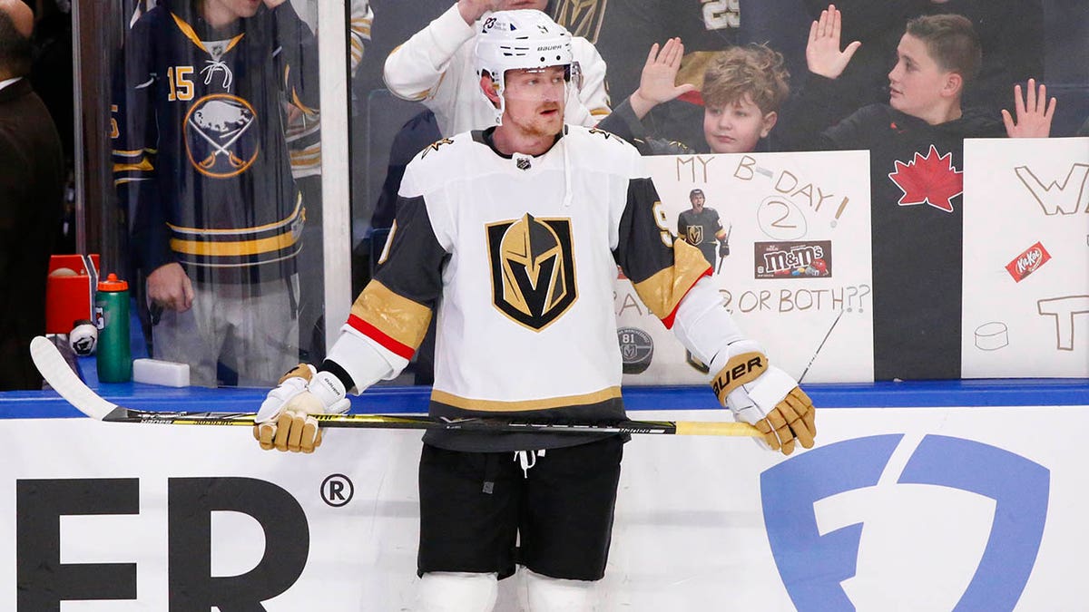 Vegas Golden Knights center Jack Eichel  prior to an NHL hockey game against his former team the Buffalo Sabres, Thursday, March 10, 2022, in Buffalo, New York.