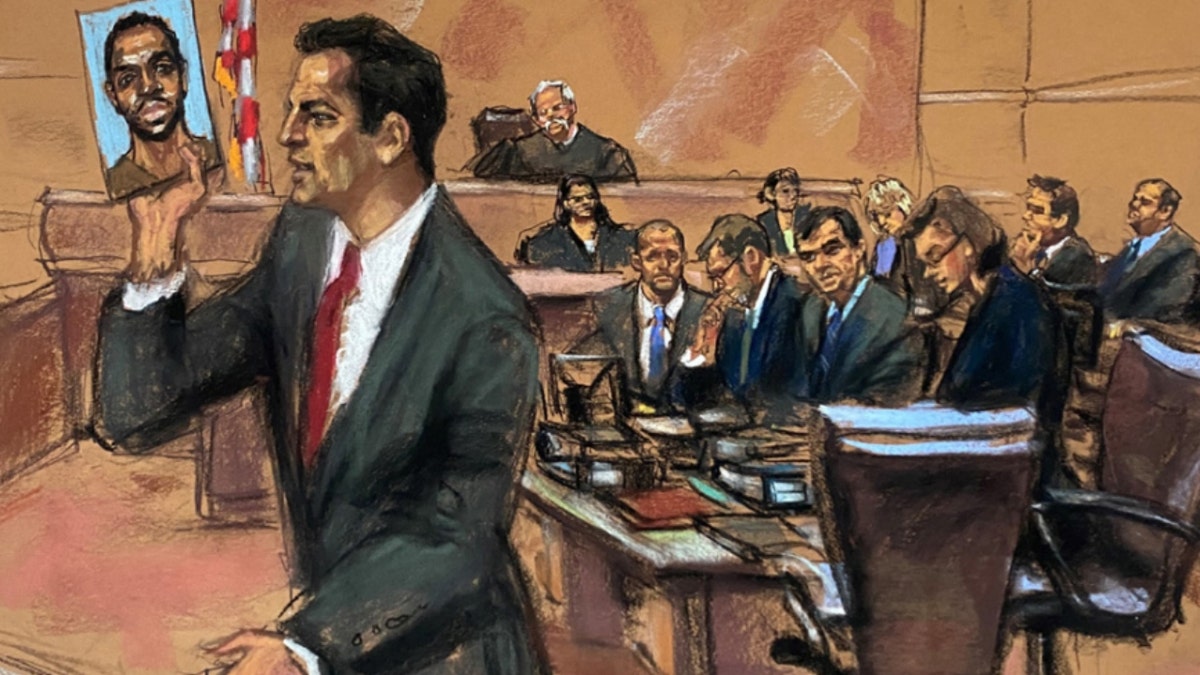 Courtroom sketch of me delivering the opening statement at the 2017 trial of Adnan Ibrahim Harun. (Credit: Matt Jacobs)