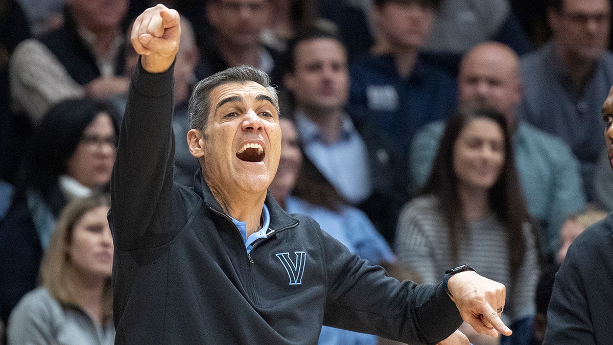 Villanova head coach Jay Wright shouts during the first half of an NCAA college basketball game against Providence, Tuesday, March 1, 2022, in Villanova, Pa.