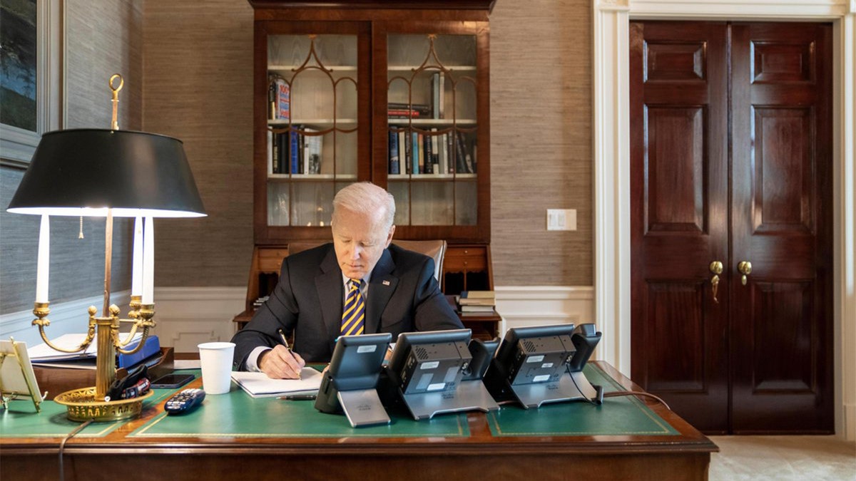 President Biden is seen during a 30-minute phone call with Ukraine President Volodymyr Zelenskyy on Tuesday, March 1, 2022, in this photo released by the White House.