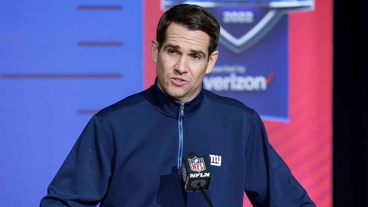 Joe Schoen, general manager of the New York Giants speaks to reporters during the NFL Draft Combine at the Indiana Convention Center on March 1, 2022 in Indianapolis, Indiana.