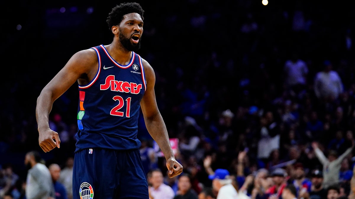 Philadelphia 76ers' Joel Embiid reacts after making a basket during the second half of an NBA basketball game against the Chicago Bulls, Monday, March 7, 2022, in Philadelphia. 