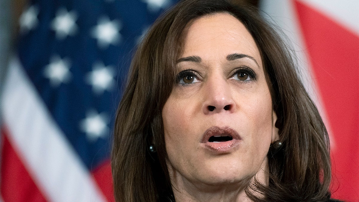 FILE - Vice President Kamala Harris speaks, March 4, 2022, in her ceremonial office at the Eisenhower Executive Office Building on the White House complex in Washington. (AP Photo/Jacquelyn Martin, File)