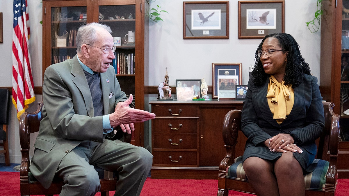 FILE - Supreme Court nominee Ketanji Brown Jackson meets with Senate Judiciary Committee ranking member Sen. Chuck Grassley, R- Iowa, on Capitol Hill, March 2, 2022, in Washington. (AP Photo/Evan Vucci, File)