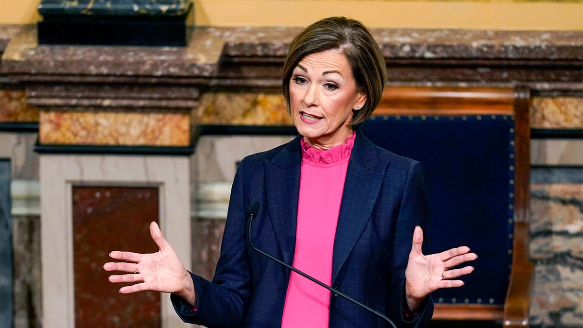 Iowa Gov. Kim Reynolds delivers her Condition of the State address before a joint session of the Iowa Legislature, on Jan. 11, 2022, at the Statehouse in Des Moines, Iowa. Reynolds is introducing herself to the nation by delivering the Republican response to President Joe Biden's State of the Union address. (AP Photo/Charlie Neibergall, File)