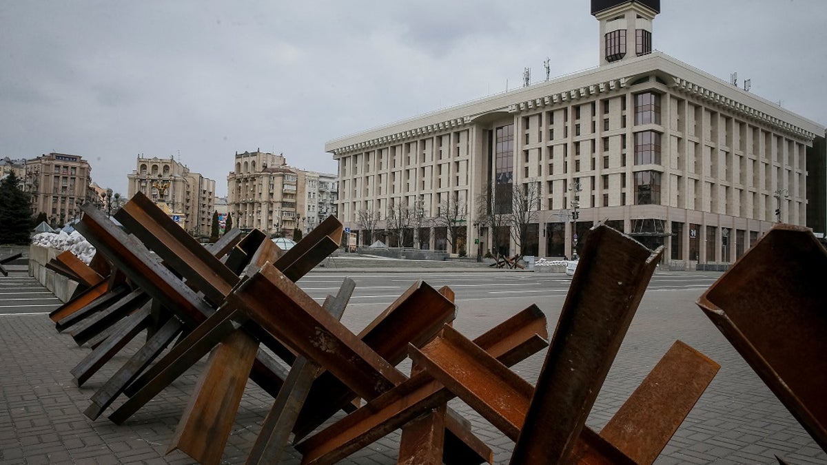 Anti-tank constructions in Kyiv, Ukraine