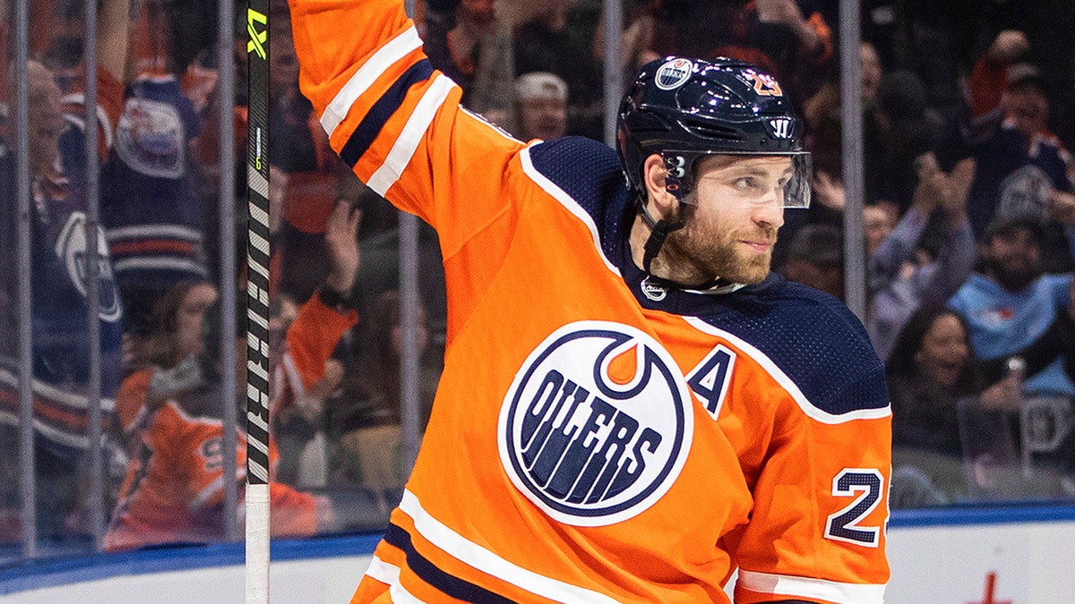 Edmonton Oilers' Leon Draisaitl (29) celebrates a goal against the San Jose Sharks during second-period NHL hockey game action in Edmonton, Alberta, Thursday, March 24, 2022.