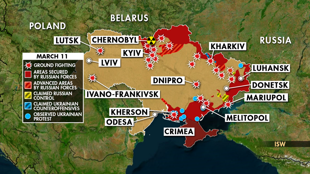 Map shows Russia's invasion of Ukraine as of Friday, March 11, 2022.