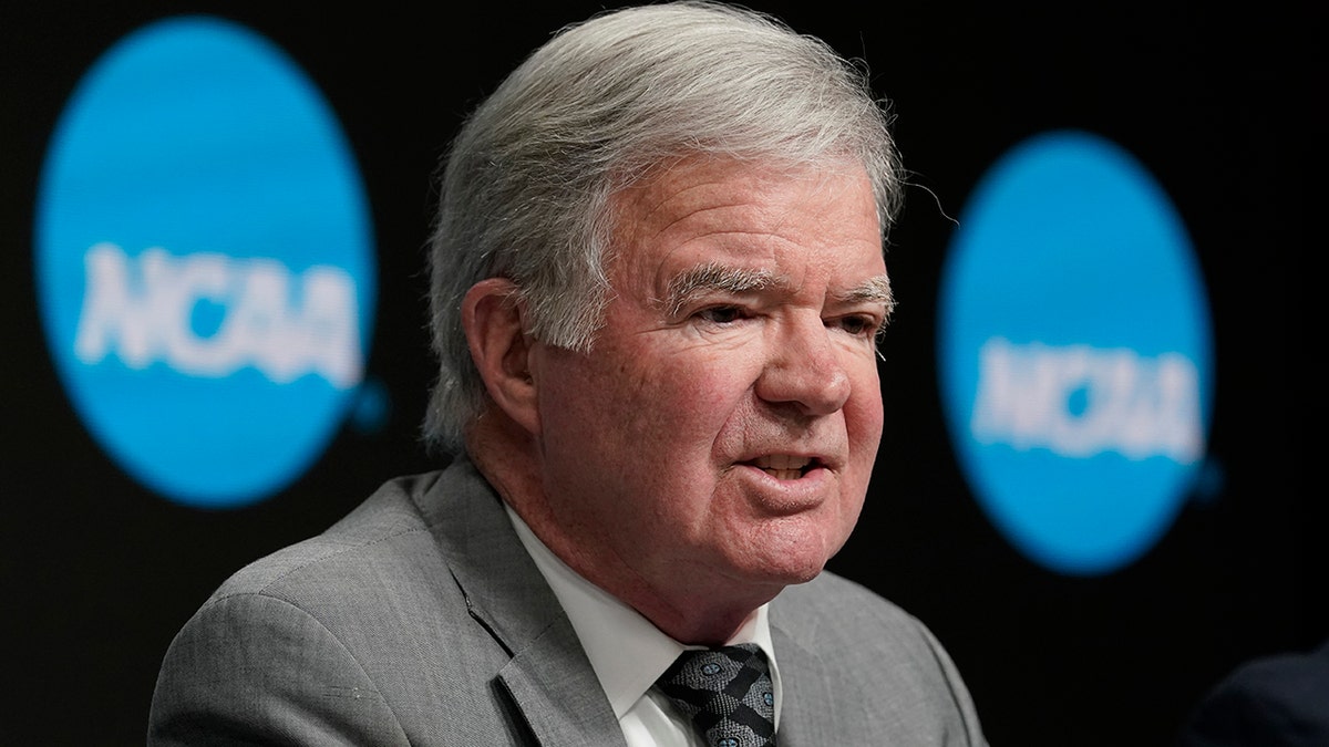 NCAA president Mark Emmert speaks at a news conference at the Target Center, site of of the Women's Final Four NCAA tournament Wednesday, March 30, 2022, in Minneapoils.