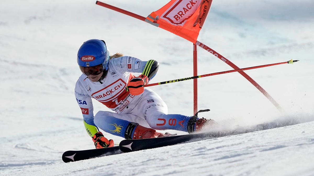 U.A. skier Mikaela Shiffrin speeds down the course during the first run of an alpine ski, women's World Cup giant slalom, in Lenzerheide, Switzerland, Sunday, March 6, 2022.
