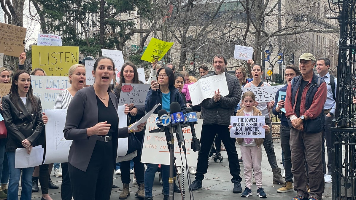 NYC parent Daniela Jampel speaks at anti-mask rally outside City Hall