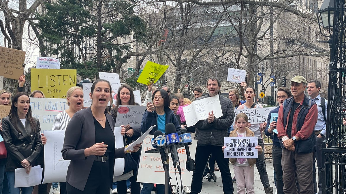 NYC parent Daniela Jampel speaks at anti-mask rally outside City Hall