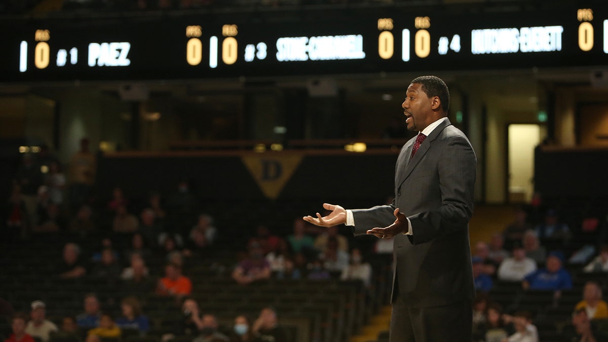 Austin Peay Governors head coach Nate James holds out his hands out questioning a call from officials during a game between the Vanderbilt Commodores and Austin Peay Governors, Dec. 18, 2021, at Memorial Gymnasium in Nashville, Tennessee.