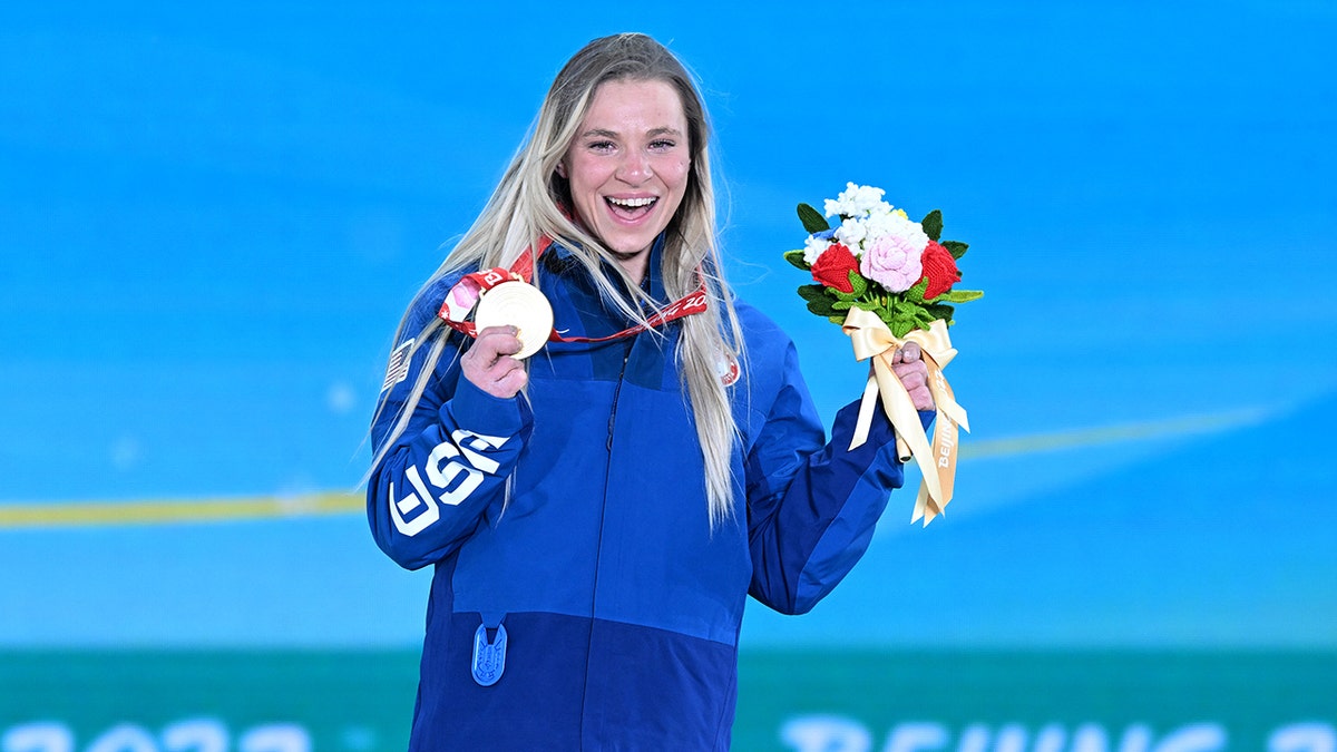 Gold medalist Oksana Masters of Team United States poses during the Para Biathlon Women's Sprint Sitting medal ceremony on day two of the Beijing 2022 Winter Paralympics at Zhangjiakou Medals Plaza on March 6, 2022, in Zhangjiakou, Hebei Province of China.
