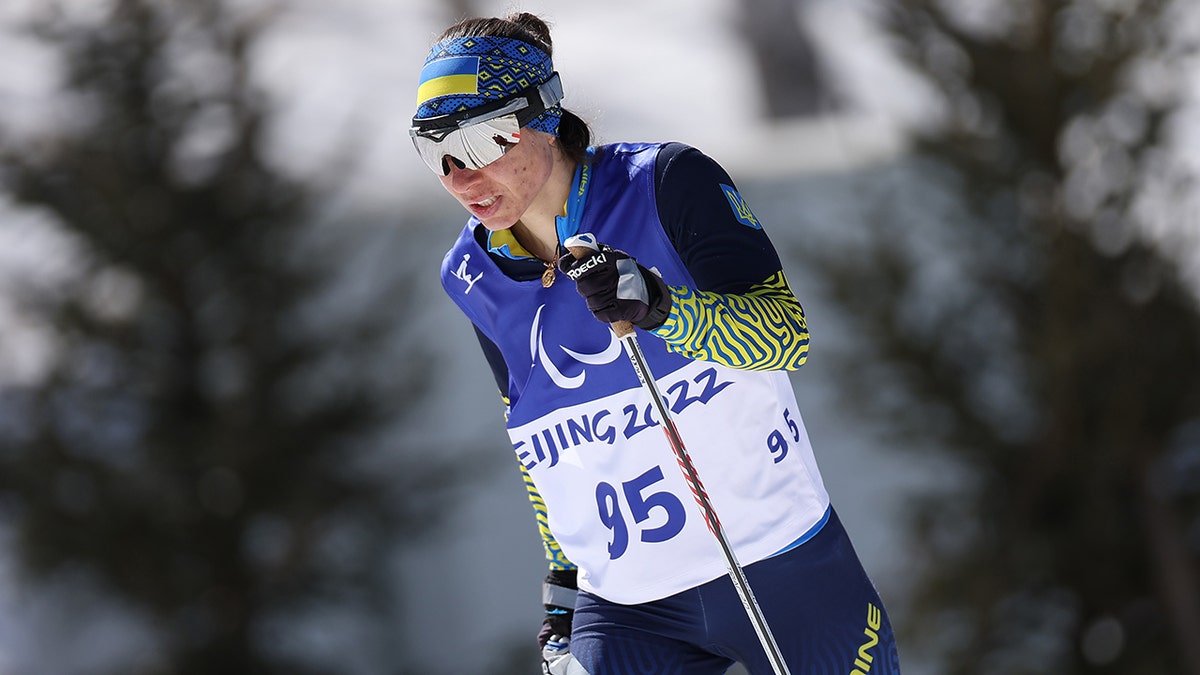 Oksana Shyshkova of Team Ukraine competes in the Para Cross-Country Skiing Women's Long Distance Classical Technique Vision Impaired at Zhangjiakou National Biathlon Centre during day three of the Beijing 2022 Winter Paralympics on March 07, 2022, in Zhangjiakou, China.