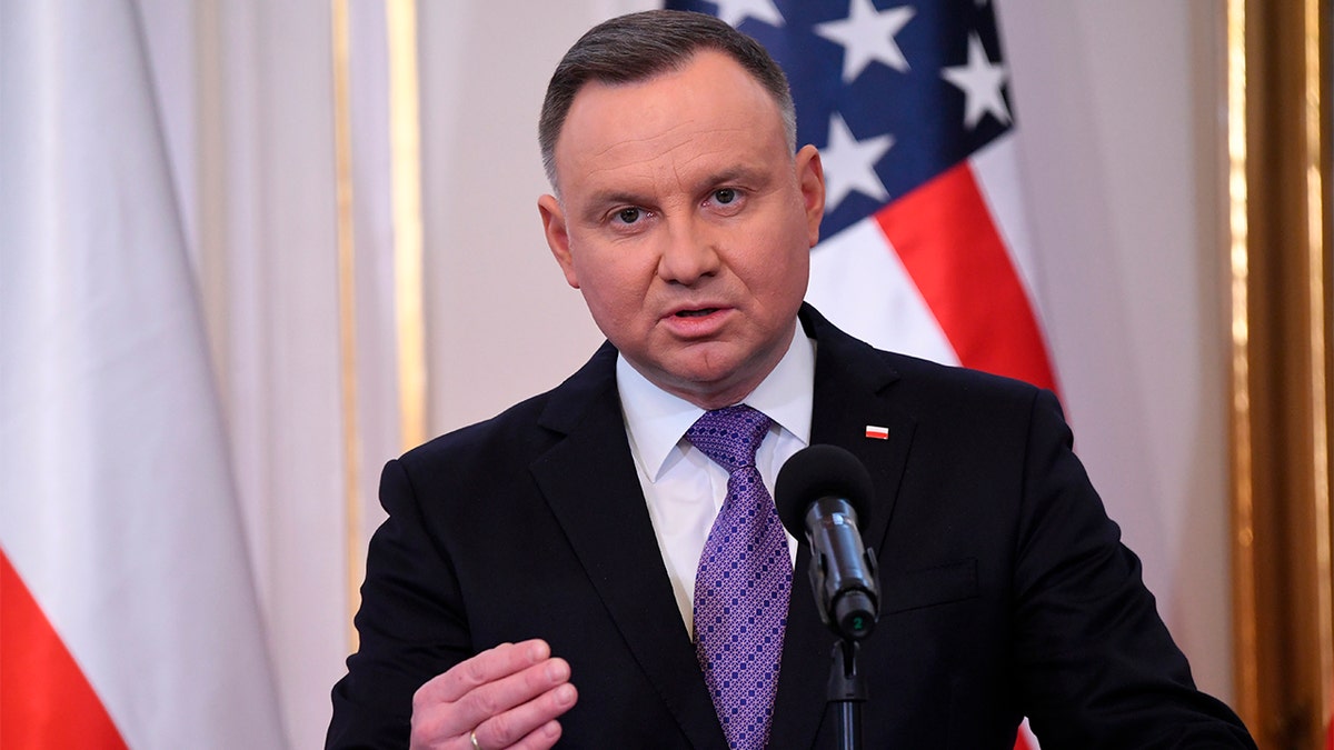 Polish President Andrzej Duda speaks during a joint press conference with Vice President Kamala Harris on the occasion of their meeting at Belwelder Palace, in Warsaw, Poland, Thursday, March 10, 2022. (Saul Loeb/Pool Photo via AP)