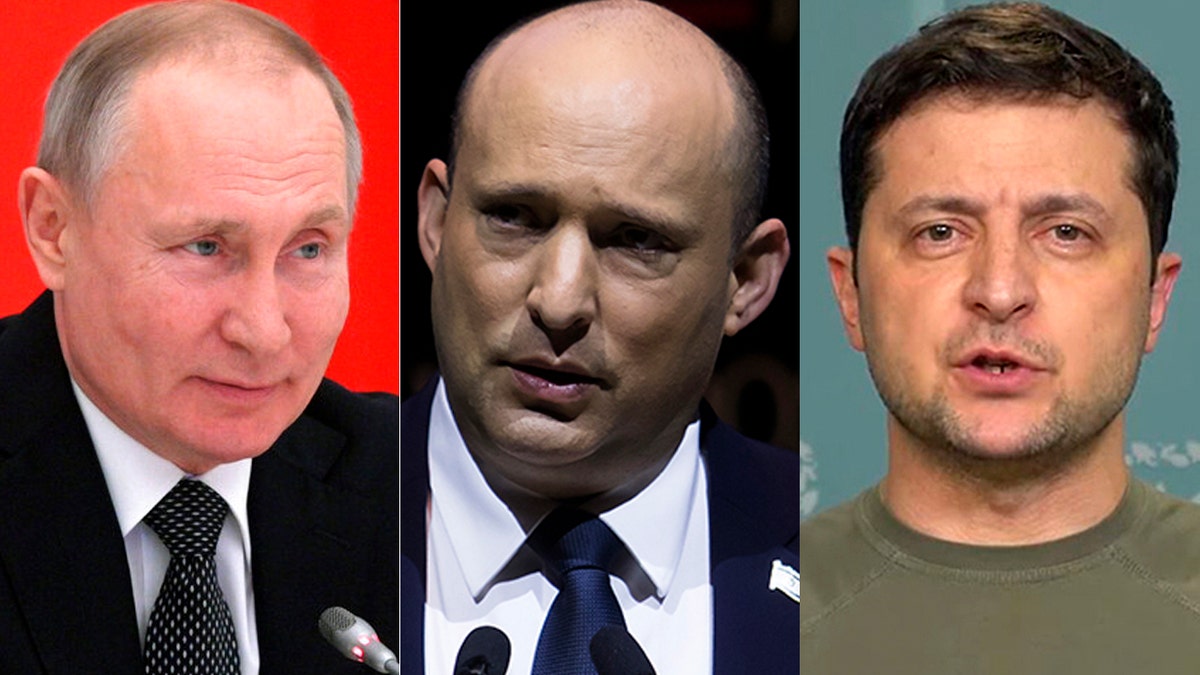 Russian President Vladimir Putin, left, Israeli Prime Minister Naftali Bennett, center, and Ukrainian President Volodymyr Zelenskyy.