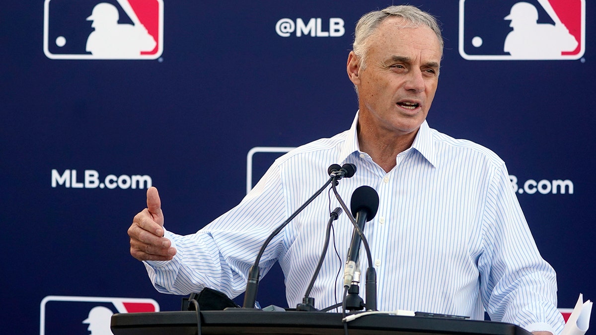 Major League Baseball Commissioner Rob Manfred speaks during a news conference after negotiations with the players' association toward a labor deal, Tuesday, March 1, 2022, at Roger Dean Stadium in Jupiter, Florida.