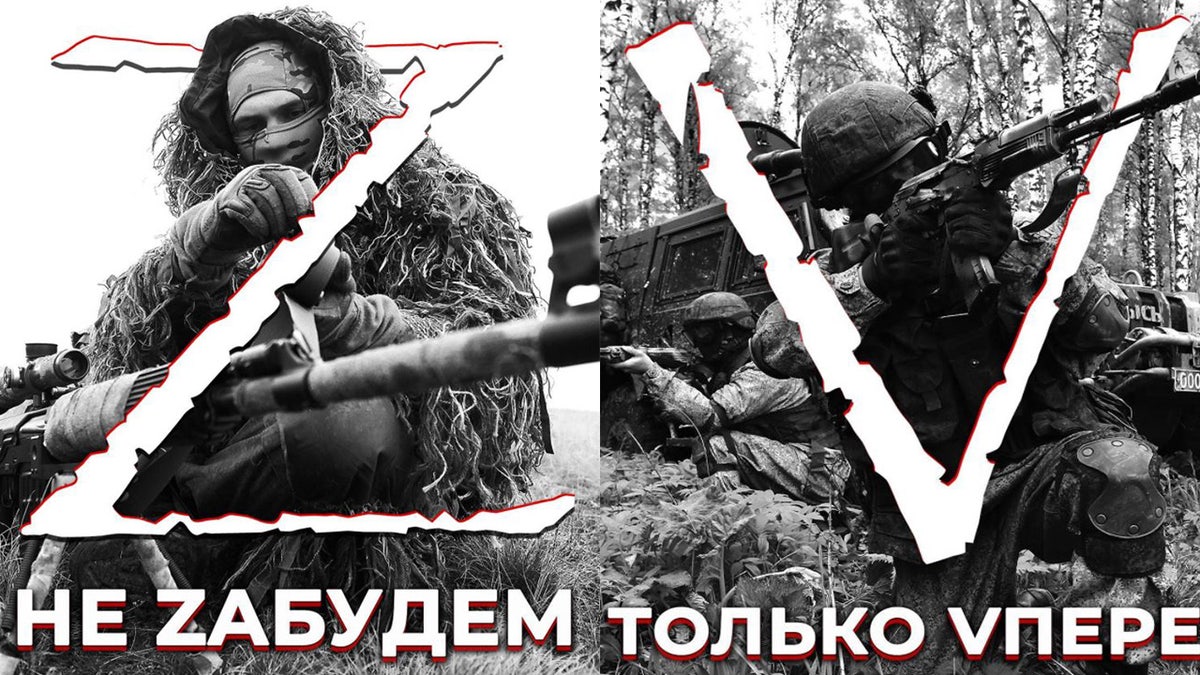 Russian soldiers sporting "V" and "Z" symbols.