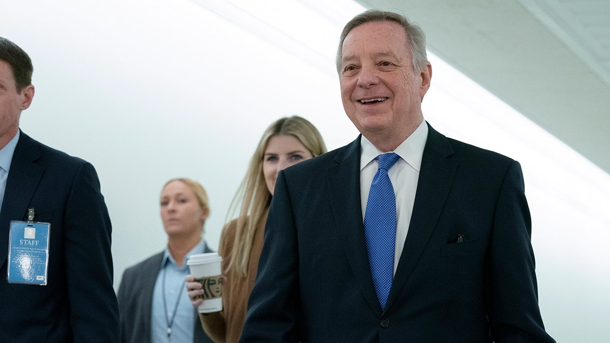 Sen. Dick Durbin, D-Ill., chairman of the Senate Judiciary Committee, arrives for a Senate Judiciary Committee confirmation hearing for Supreme Court nominee Ketanji Brown Jackson on Capitol Hill in Washington, Wednesday, March 23, 2022.