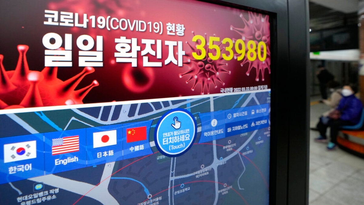 A screen shows the number of coronavirus infections nationwide at a subway station in Seoul, South Korea, Tuesday, March 22, 2022. 