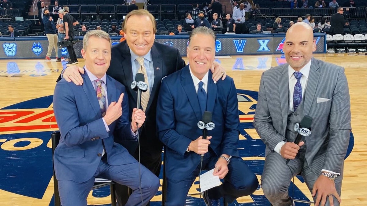 Steve Lavin, second from right, is a college basketball analyst for FOX Sports. (From L-R) Rob Stone, Tim Brando, Steve Lavin and Donny Marshall.