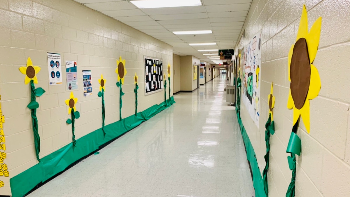 Gorgeous sunflower artwork lines this corridor of the school. 