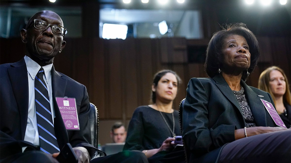 Supreme Court nominee Ketanji Brown Jackson's father Johnny Brown, left, and mother Ellery Brown listen during Jackson's Senate Judiciary Committee confirmation hearing on Capitol Hill in Washington, Wednesday, March 23, 2022. (AP Photo/Andrew Harnik)