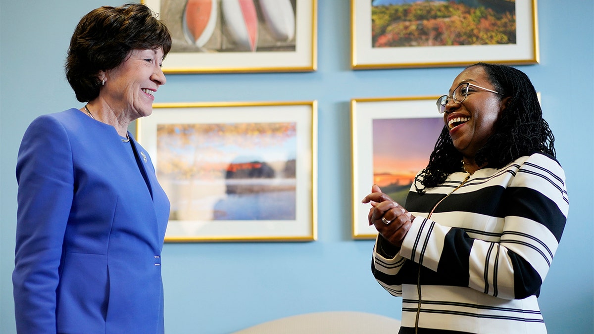 FILE - Supreme Court nominee Ketanji Brown Jackson meets with Sen. Susan Collins, R-Maine, on Capitol Hill in Washington, March 8, 2022. Collins will vote to confirm Ketanji Brown Jackson, giving Democrats at least one Republican vote and all but assuring that she will become the first Black woman on the Supreme Court. (AP Photo/Carolyn Kaster, File)
