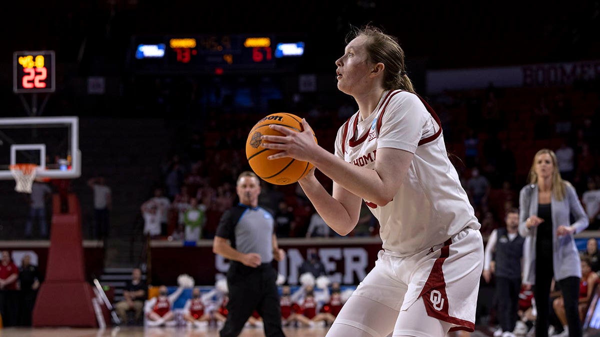 Oklahoma guard Taylor Robertson sets up for a shot during the second half of a first-round game against IUPUI in the NCAA women's college basketball tournament Saturday, March 19, 2022, in Norman, Okla.