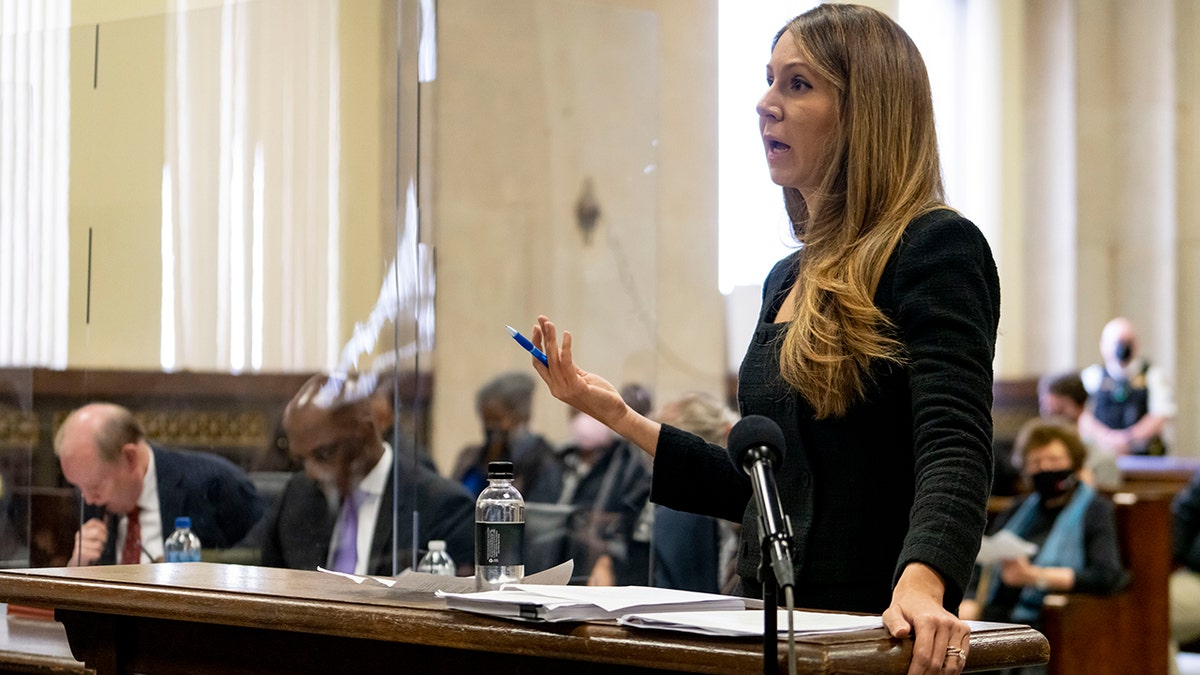 Tina Glandian, attorney for actor Jussie Smollett, speaks at his sentencing hearing, Thursday, March 10, 2022 at the Leighton Criminal Court Building in Chicago. A U.S. District Judge in Chicago ruled, Friday, March 18, 2022, that Glandian might have defamed the two Black brothers who testified that they participated in a fake racist and homophobic attack on the actor when she suggested they had been wearing "whiteface". (Brian Cassella/Chicago Tribune via AP, Pool File)