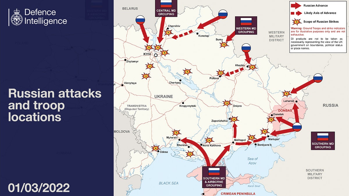 The UK Ministry of Defence published a map of its understanding of Russian attacks and troops locations as of March 3, 2022.