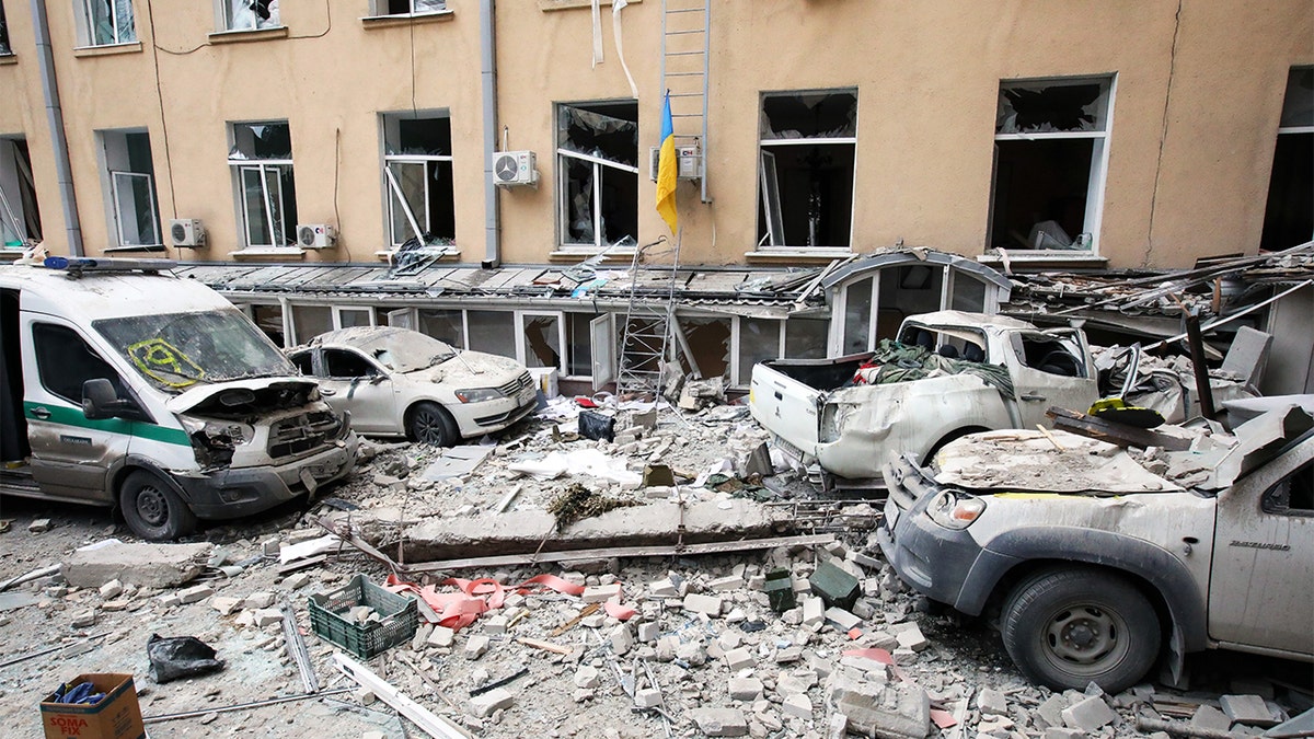 Damage is pictured after shelling by Russian troops of central Kharkiv, northeastern Ukraine.
