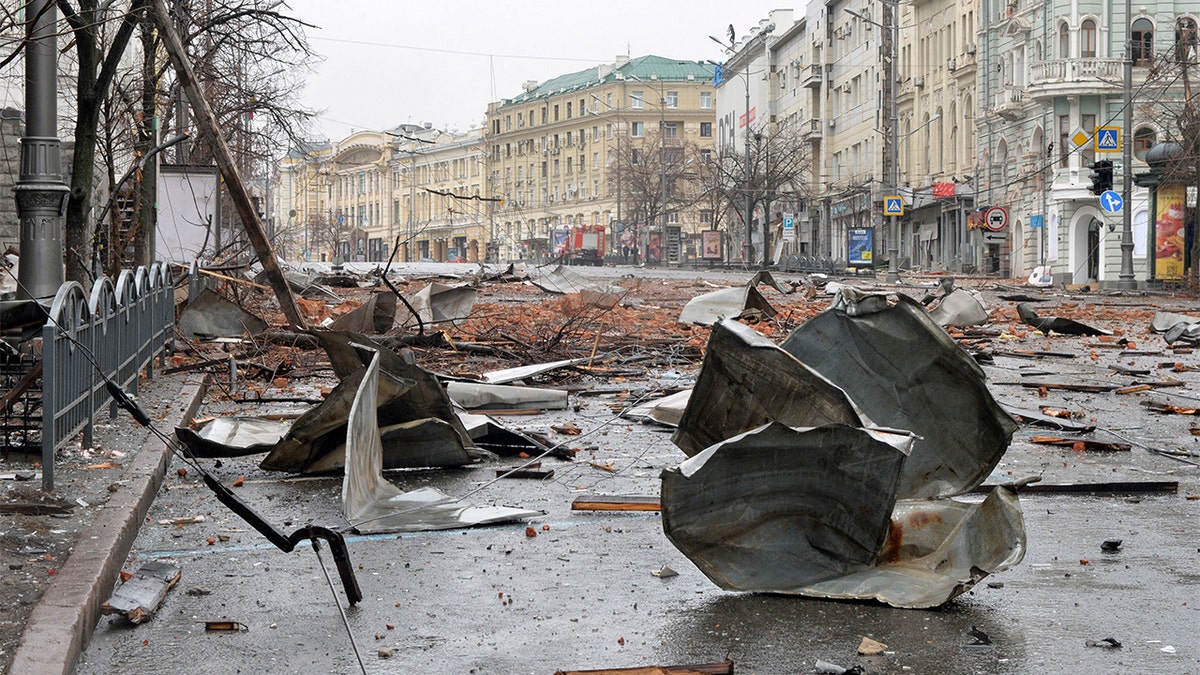 A picture shows damages after the shelling by Russian forces of Constitution Square in Kharkiv, Ukraine's second-biggest city, on March 2, 2022.