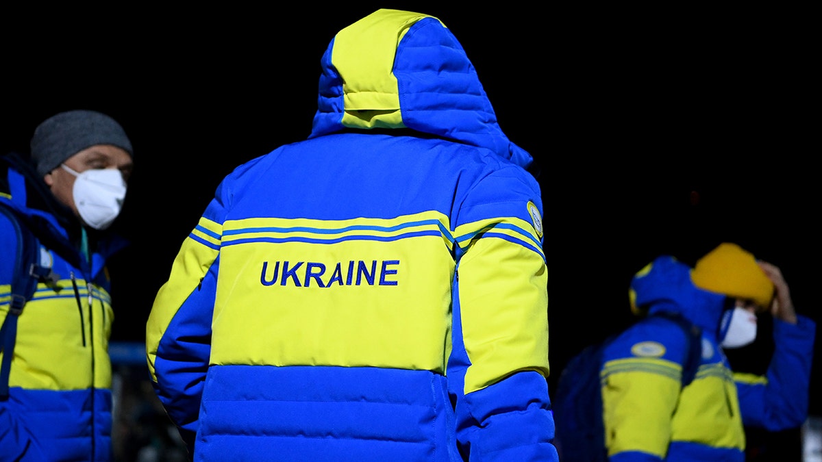 A detailed view of a tracksuit as members of Team Ukraine arrive at the Zhangjiakou Athletes Village on March 2, 2022, in Zhangjiakou, China.