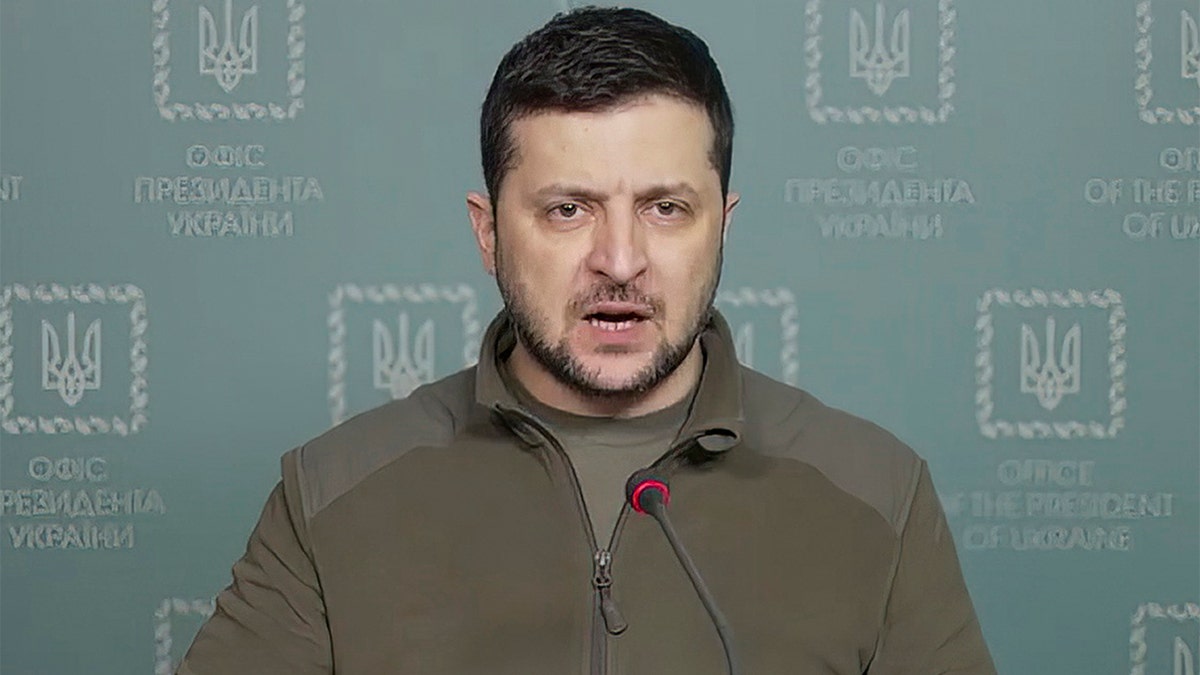 In this image from video provided by the Ukrainian Presidential Press Office and posted on Facebook Tuesday, March 15, 2022, Ukrainian President Volodymyr Zelenskyy speaks in Kyiv, Ukraine. (Ukrainian Presidential Press Office via AP)
