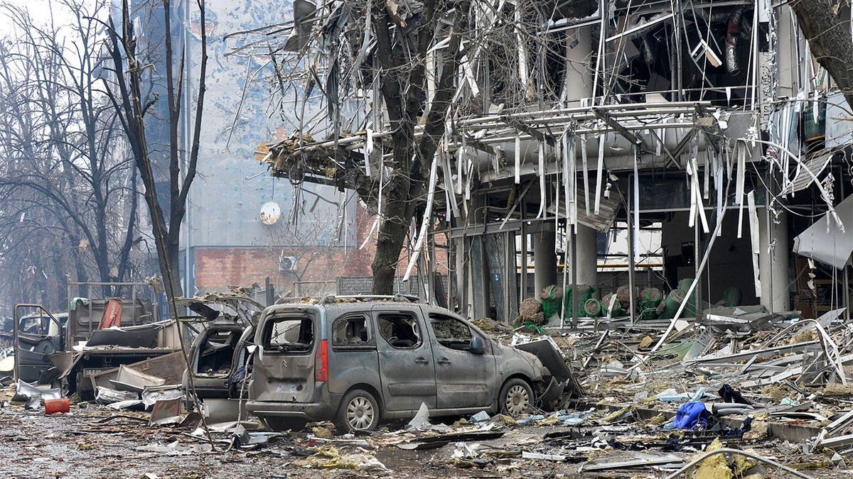 A view of damaged building after the shelling is said by Russian forces in Ukraine's second-biggest city of Kharkiv on March 3, 2022.