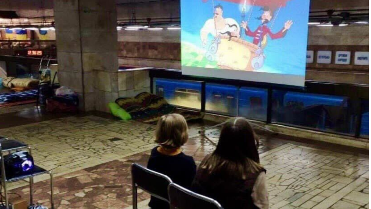 The Ukraine government is showing movies to residents who are sheltering in the Kyiv metro stations due to the Russian invasion of the country.
