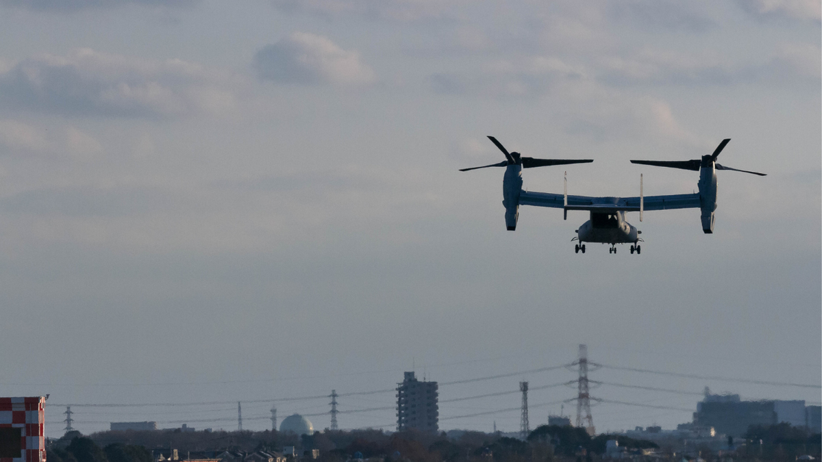 A Bell Boeing V22 Osprey tilt-rotor aircraft with the US Marines, takes off from Naval Air Facility Atsugi in Yamato, Kanagawa, Japan. 