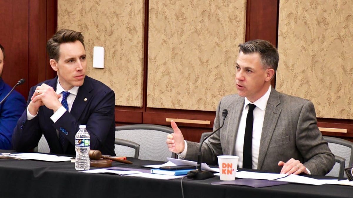 Sen. Josh Hawley, R-Mo., and Rep. Jim Banks, R-Ind., address members of the Republican Study Committee (RSC) on Capitol Hill on March 30, 2022.