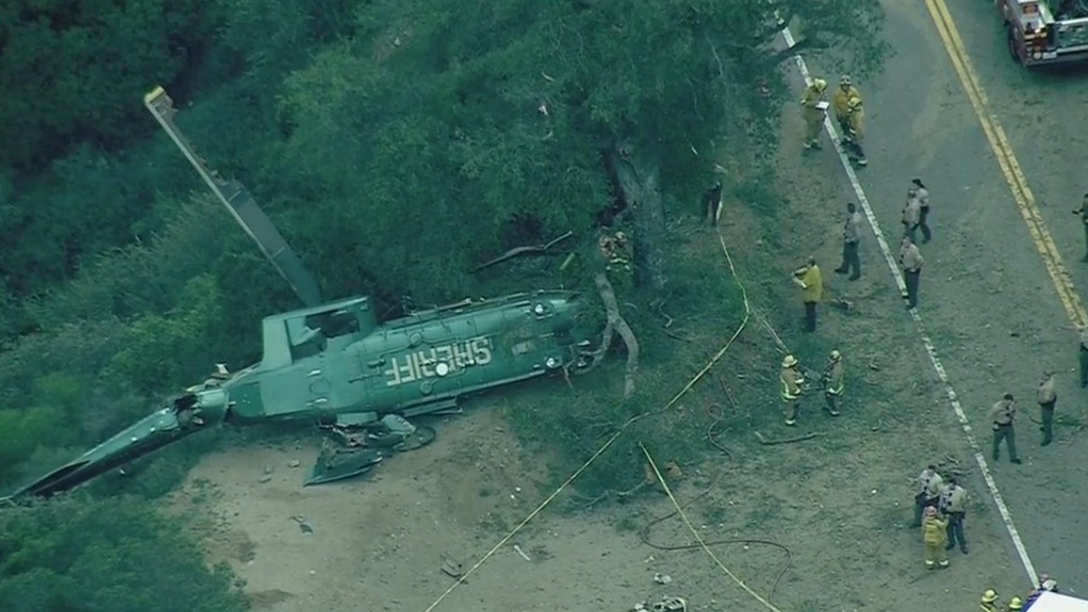 A Los Angeles County Sheriff's Office helicopter is seen after Saturday's crash.