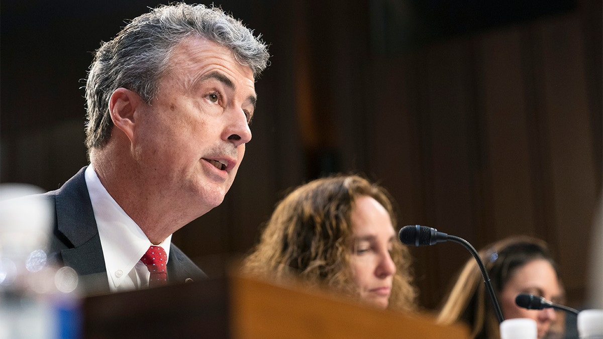 Alabama Attorney General Steve Marshall, left, testifies during a Senate Judiciary Committee's confirmation hearing of Supreme Court nominee Ketanji Brown Jackson, on Capitol Hill in Washington, Thursday, March 24, 2022. With Marshall are Dean of the University of Virginia School of Law Risa Goluboff, center, and Jennifer Mascott. (AP Photo/Manuel Balce Ceneta)