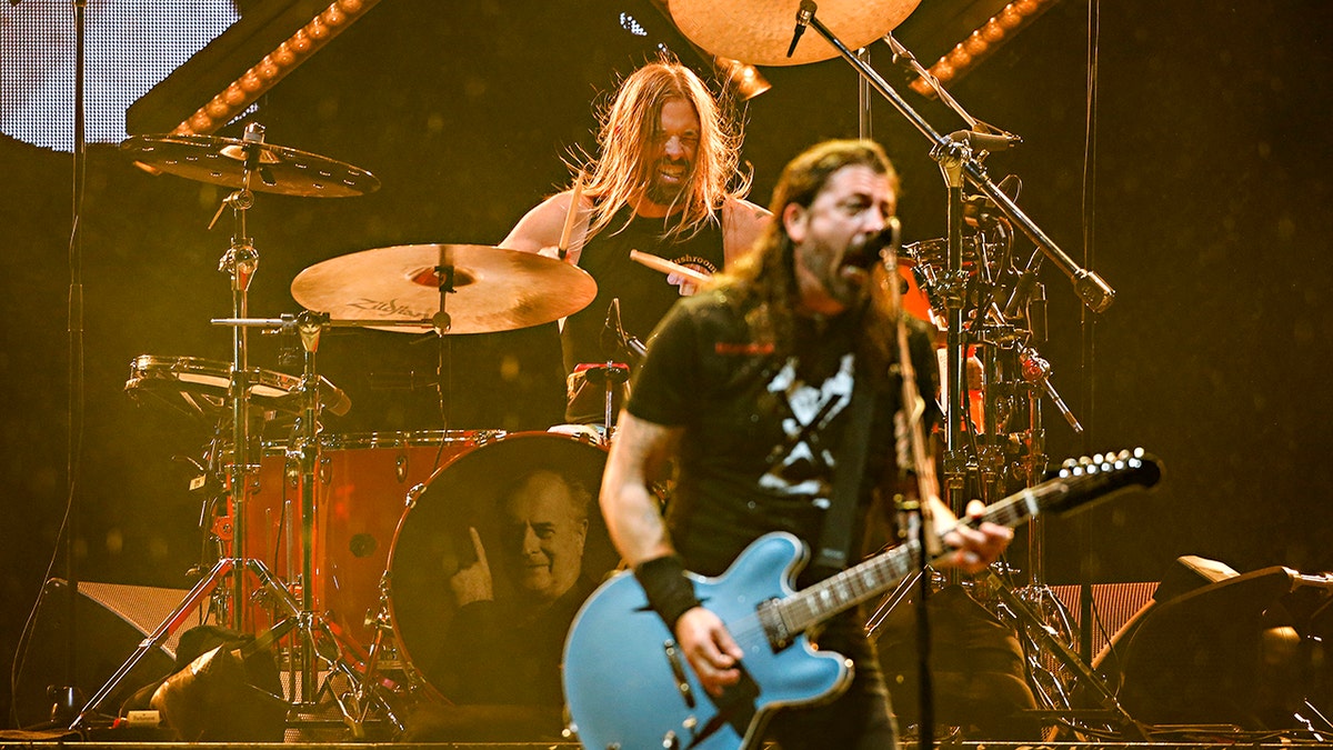 Taylor Hawkins and Dave Grohl of the Foo Fighters perform on stage at GHMBA Stadium March 4, 2022, in Geelong, Australia. 