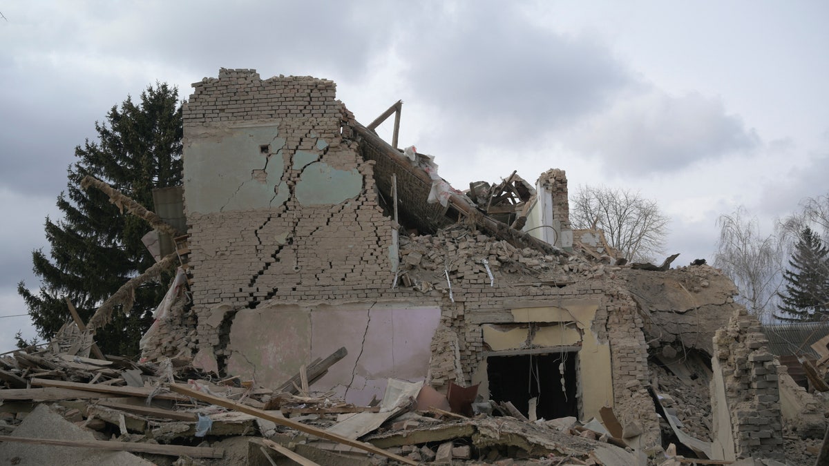 A cultural and community centre, which locals said was destroyed by recent shelling, as Russia's invasion of Ukraine continues, in the settlement of Byshiv in the Kyiv region, Ukraine March 4, 2022. 