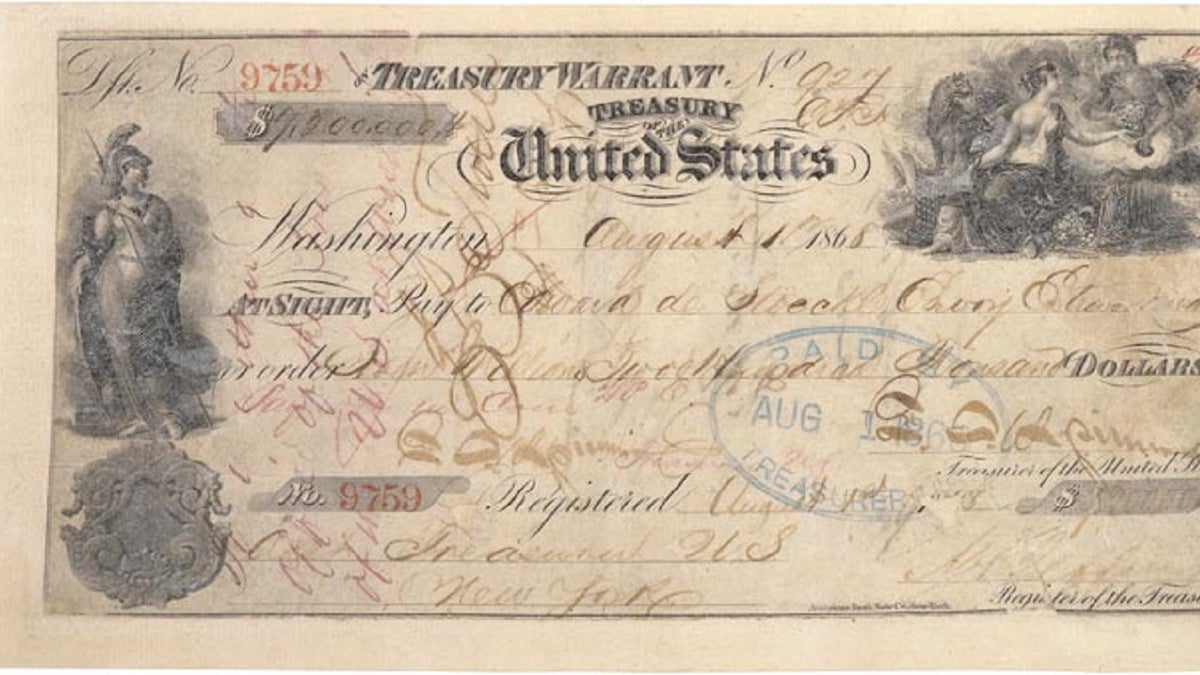 A canceled check in the amount of $7.2 million, for the purchase of Alaska, issued on August 1, 1868.